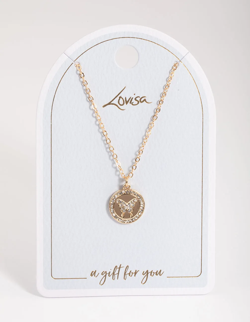 Gold Circle Diamante Butterfly Necklace