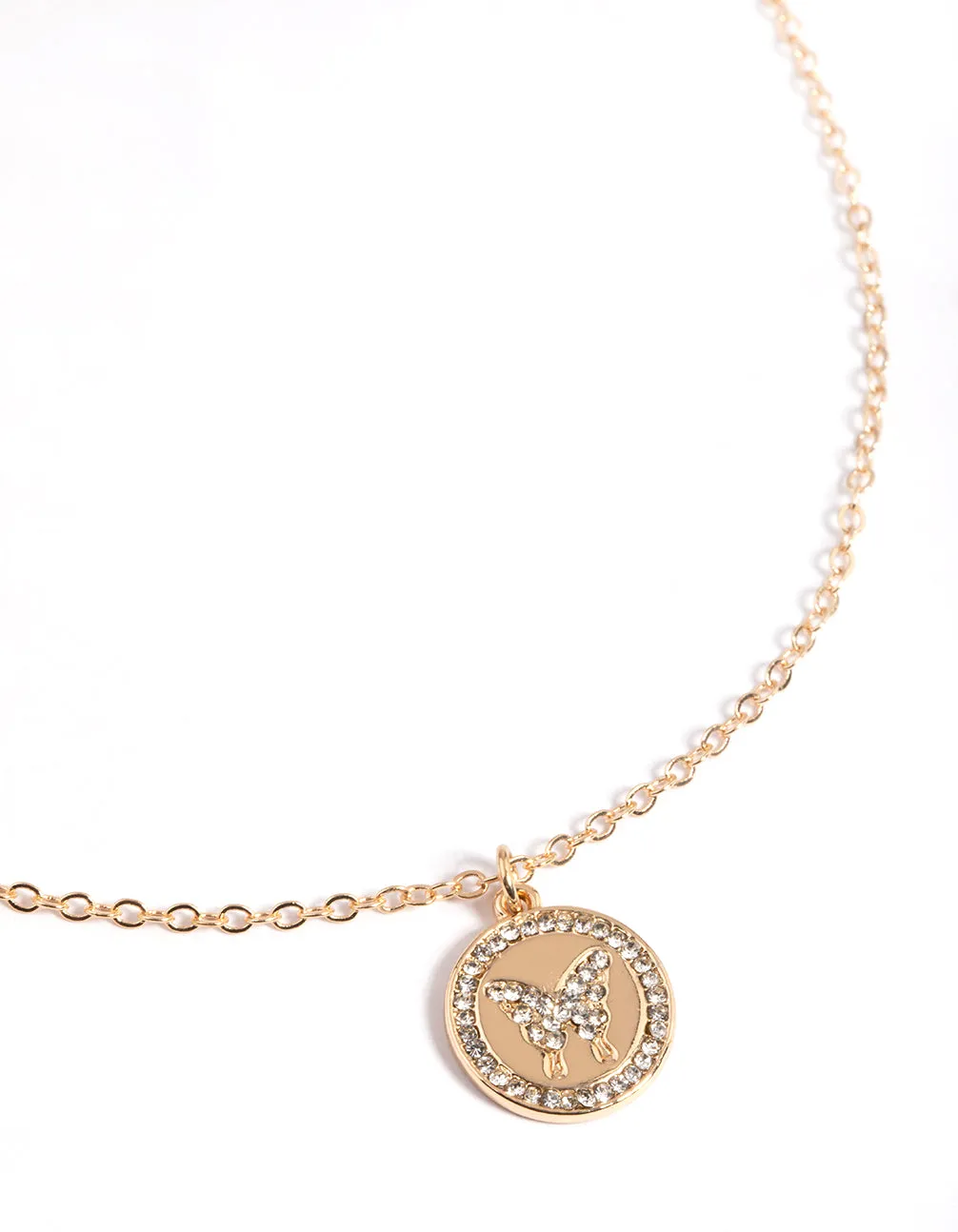 Gold Circle Diamante Butterfly Necklace