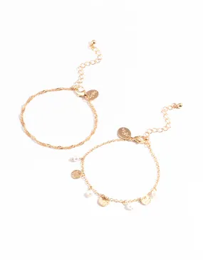 Gold Disc & Pearl Drop Pack Bracelet