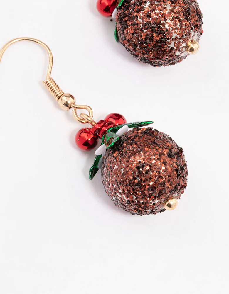Gold Small Christmas Pudding Drop Earrings