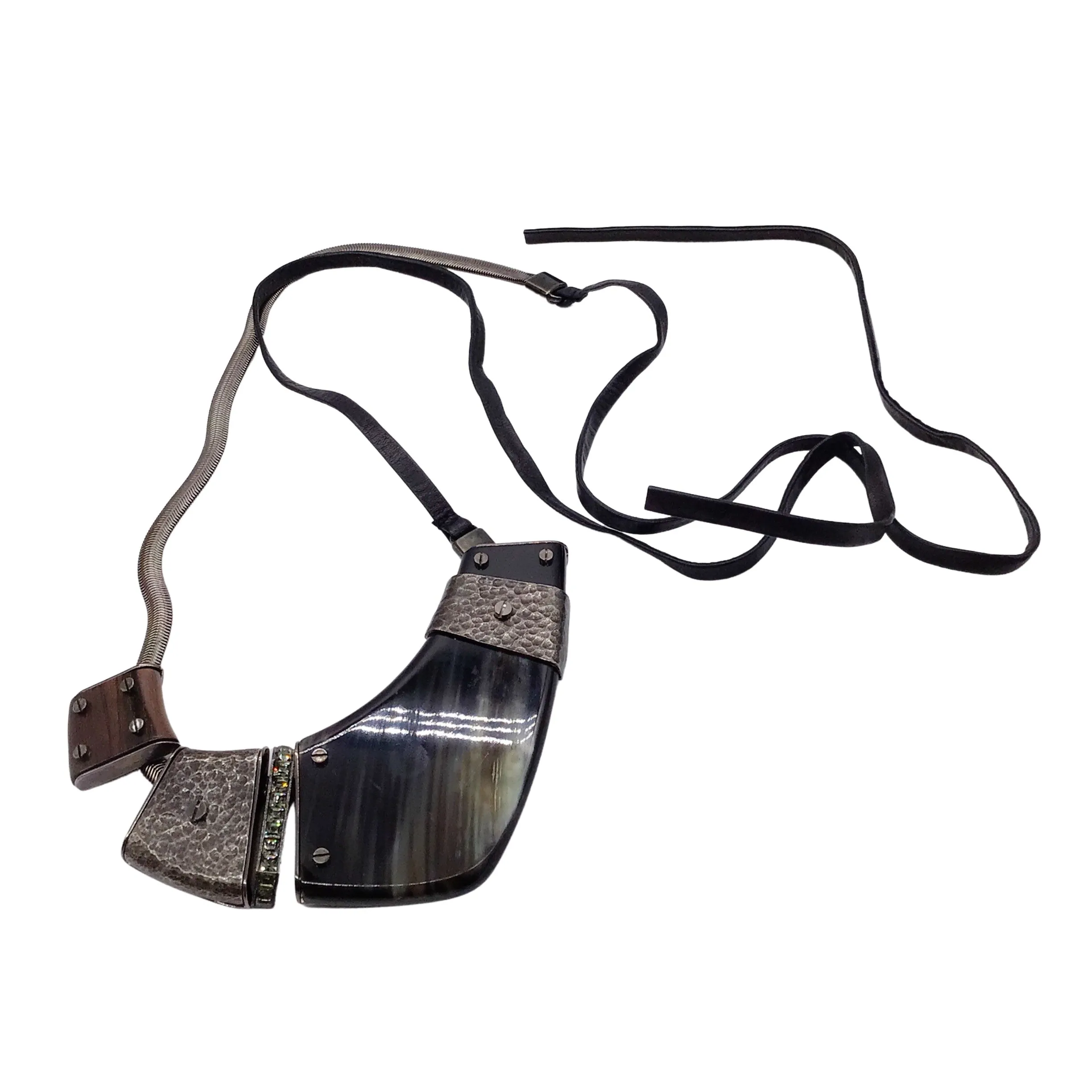 Lanvin Multicolored Mixed Media Crystal Embellished Metal, Wood, and Leather Necklace