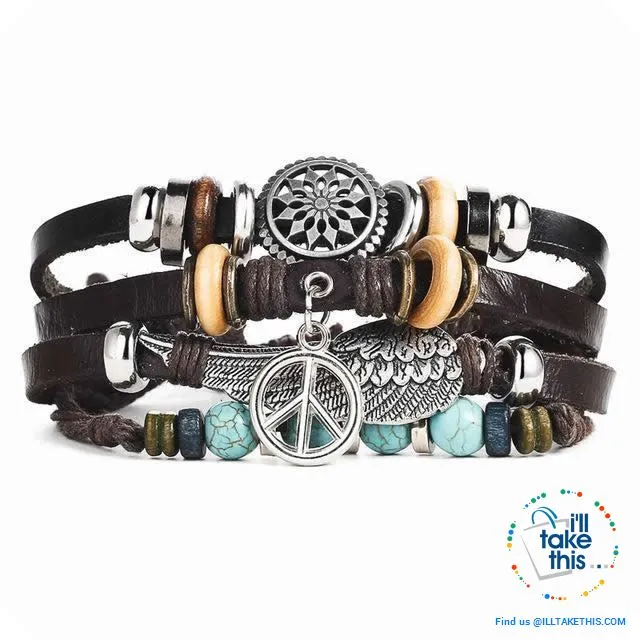 Leather Wristband Punk Design Bracelets Unisex, Turkish Evil Eye, Female Owl, Ethnic Turquoise band