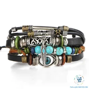 Leather Wristband Punk Design Bracelets Unisex, Turkish Evil Eye, Female Owl, Ethnic Turquoise band