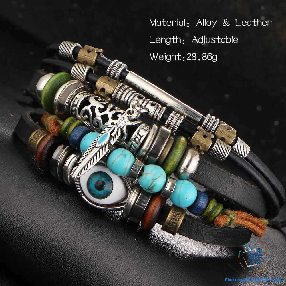Leather Wristband Punk Design Bracelets Unisex, Turkish Evil Eye, Female Owl, Ethnic Turquoise band