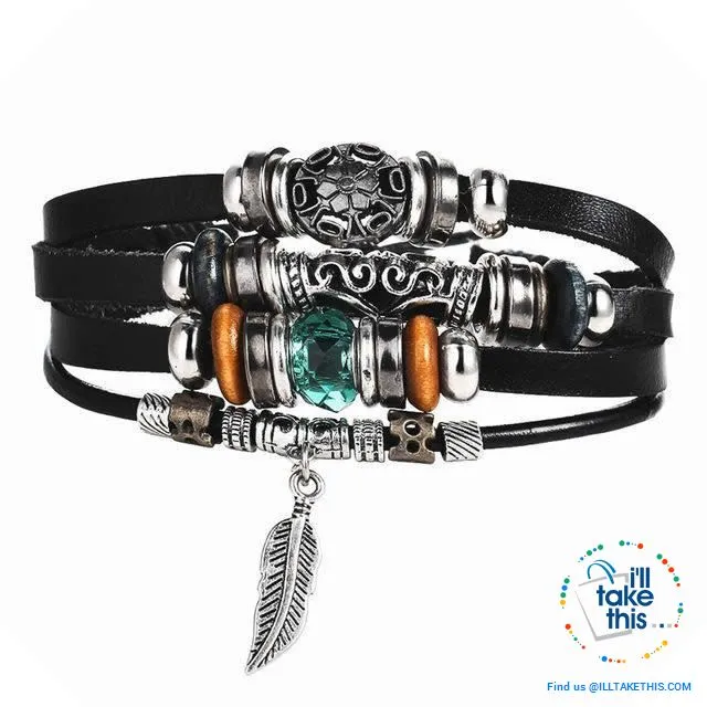 Leather Wristband Punk Design Bracelets Unisex, Turkish Evil Eye, Female Owl, Ethnic Turquoise band