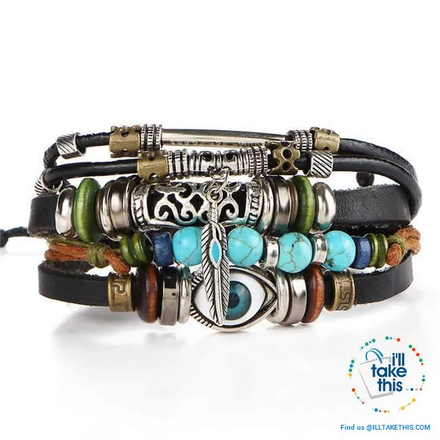 Leather Wristband Punk Design Bracelets Unisex, Turkish Evil Eye, Female Owl, Ethnic Turquoise band