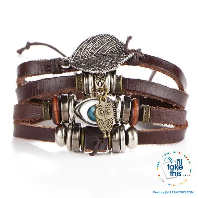 Leather Wristband Punk Design Bracelets Unisex, Turkish Evil Eye, Female Owl, Ethnic Turquoise band