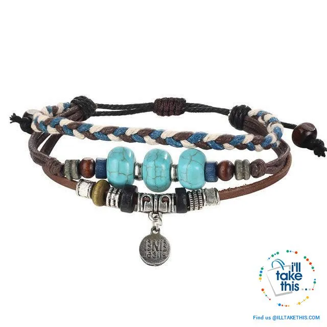 Leather Wristband Punk Design Bracelets Unisex, Turkish Evil Eye, Female Owl, Ethnic Turquoise band