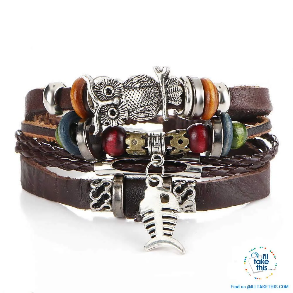 Leather Wristband Punk Design Bracelets Unisex, Turkish Evil Eye, Female Owl, Ethnic Turquoise band