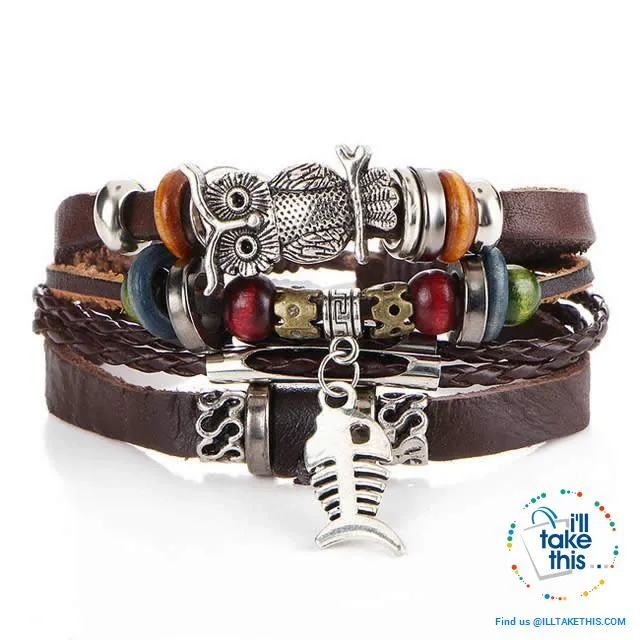 Leather Wristband Punk Design Bracelets Unisex, Turkish Evil Eye, Female Owl, Ethnic Turquoise band