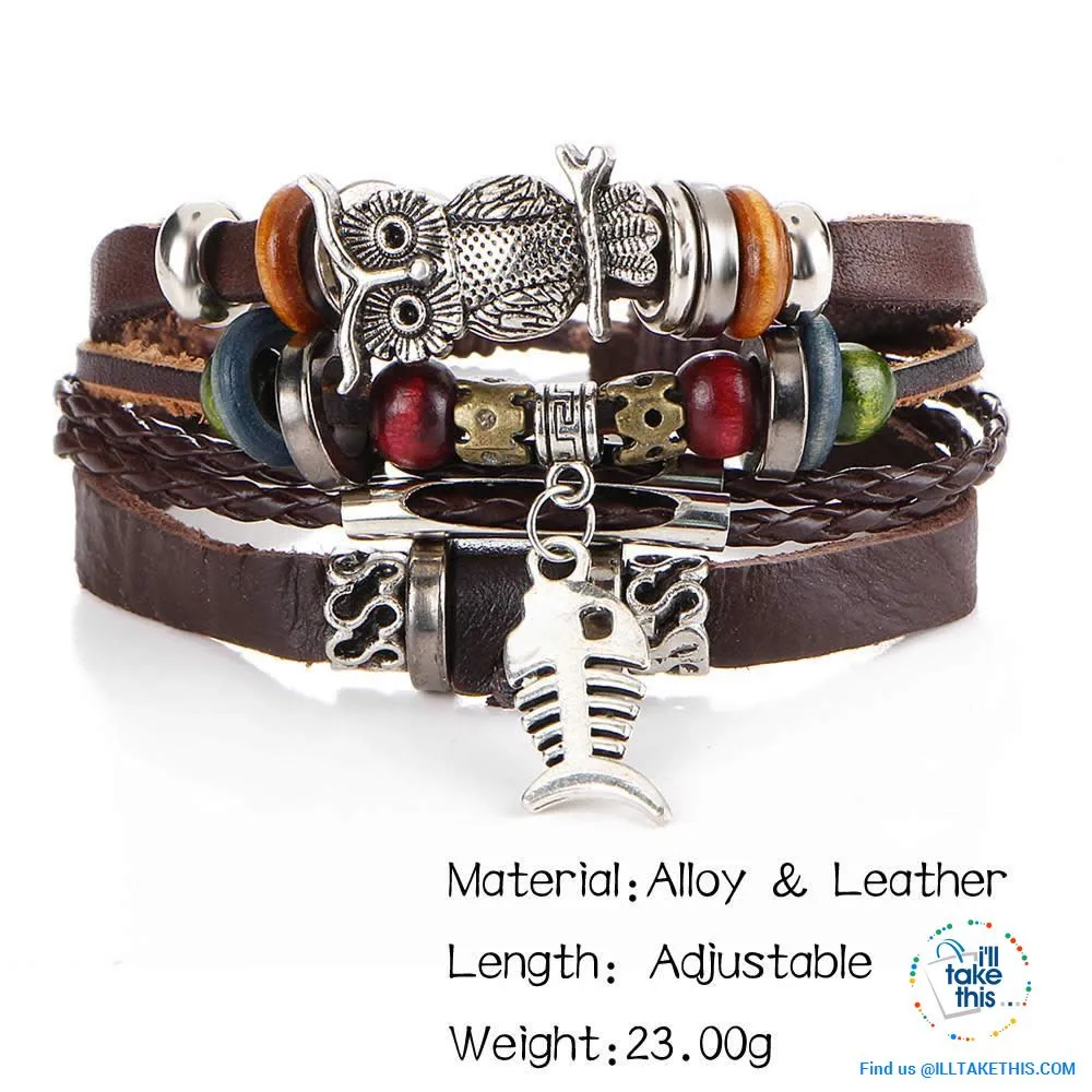 Leather Wristband Punk Design Bracelets Unisex, Turkish Evil Eye, Female Owl, Ethnic Turquoise band