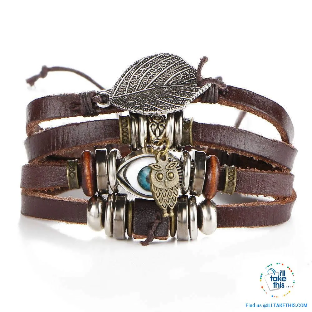 Leather Wristband Punk Design Bracelets Unisex, Turkish Evil Eye, Female Owl, Ethnic Turquoise band