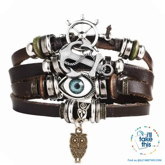 Leather Wristband Punk Design Bracelets Unisex, Turkish Evil Eye, Female Owl, Ethnic Turquoise band