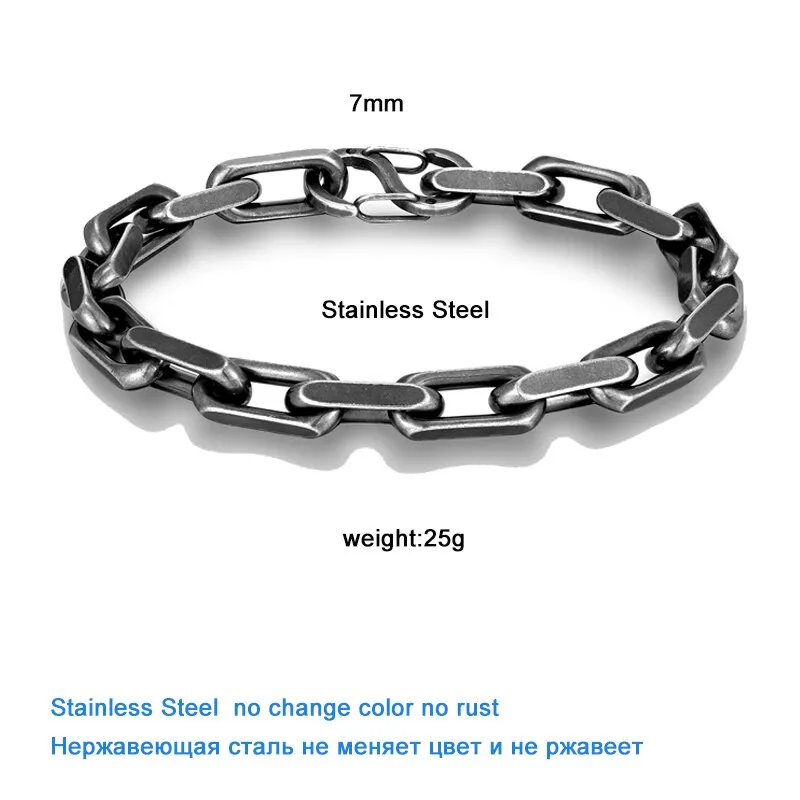 Men Bracelet 7mm Vintage Black ChainLink Handmade Punk Rock Stainless Steel Motorcycle