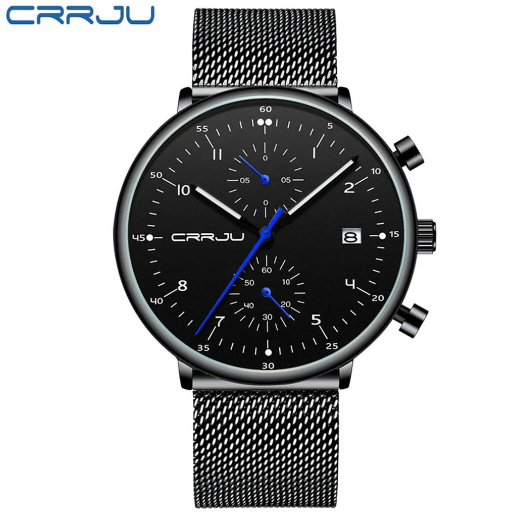 Mens Watch CRRJU Luxury Top Brand Men Stainless Steel WristWatch Men's Military Waterproof Date Quartz Watches Relogio Masculino