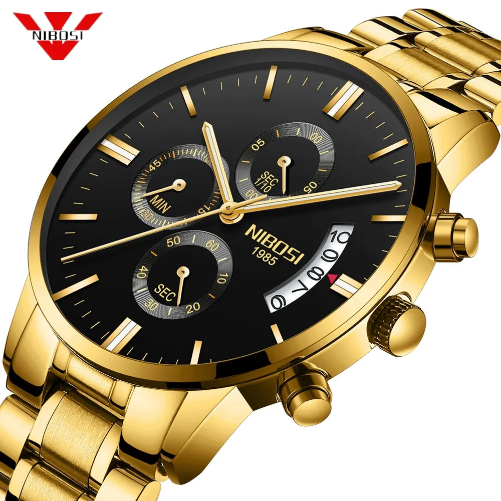NIBOSI Men Watch Chronograph Top Brand Luxury Waterproof Full Steel Quartz Gold Clock