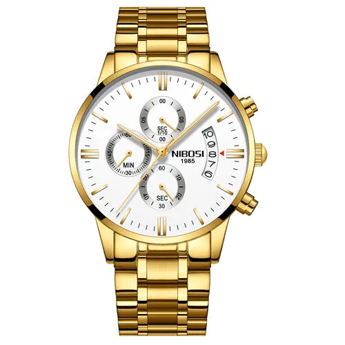 NIBOSI Men Watch Chronograph Top Brand Luxury Waterproof Full Steel Quartz Gold Clock