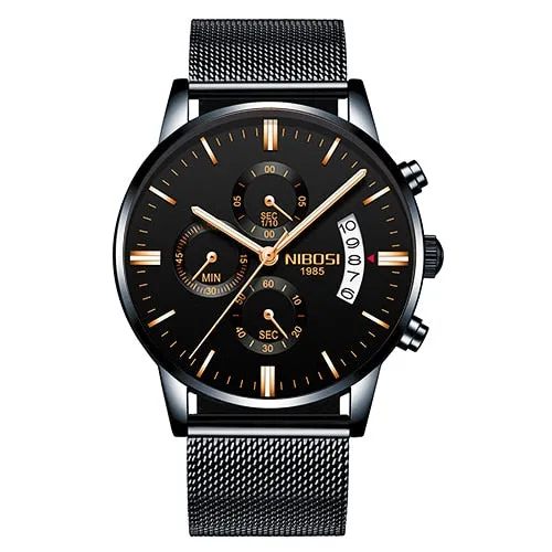 NIBOSI Men Watch Chronograph Top Brand Luxury Waterproof Full Steel Quartz Gold Clock
