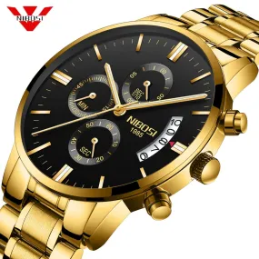NIBOSI Men Watch Chronograph Top Brand Luxury Waterproof Full Steel Quartz Gold Clock