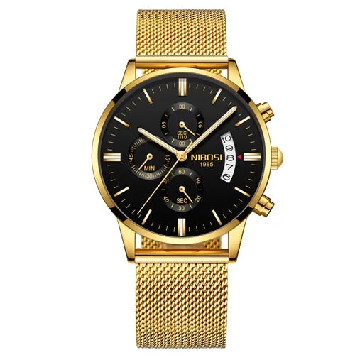 NIBOSI Men Watch Chronograph Top Brand Luxury Waterproof Full Steel Quartz Gold Clock