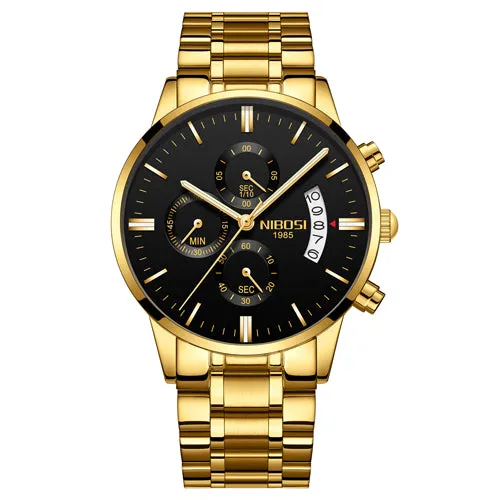 NIBOSI Men Watch Chronograph Top Brand Luxury Waterproof Full Steel Quartz Gold Clock