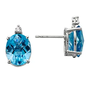 Oval Checkerboard Cut Blue Topaz and Diamond Earrings