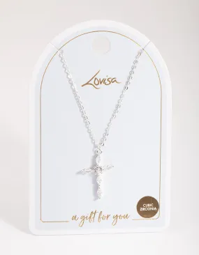 Silver Classic Diamante Cross Necklace