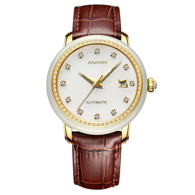 Unisex Natural White Jade Automatic Mechanical Luminous Hand Watch
