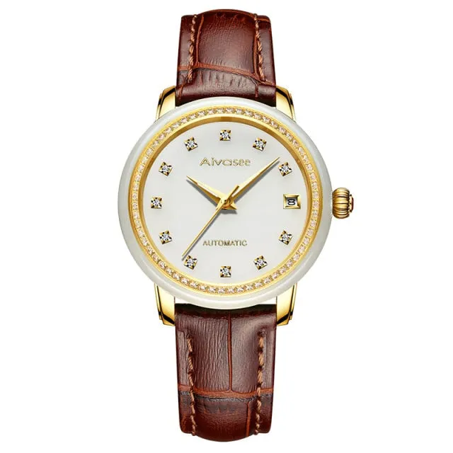 Unisex Natural White Jade Automatic Mechanical Luminous Hand Watch