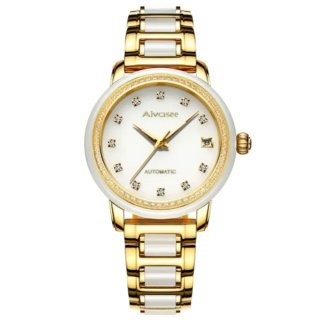 Unisex Natural White Jade Automatic Mechanical Luminous Hand Watch