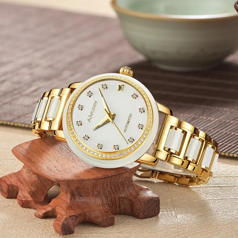 Unisex Natural White Jade Automatic Mechanical Luminous Hand Watch