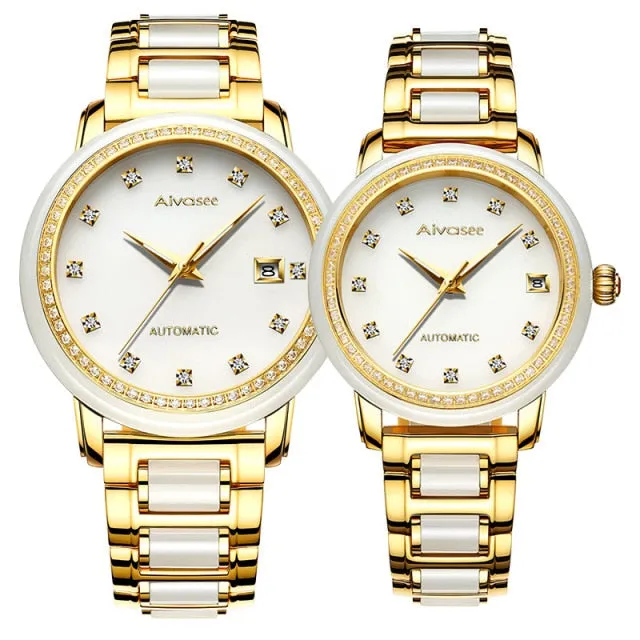 Unisex Natural White Jade Automatic Mechanical Luminous Hand Watch