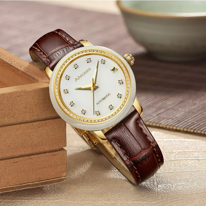 Unisex Natural White Jade Automatic Mechanical Luminous Hand Watch