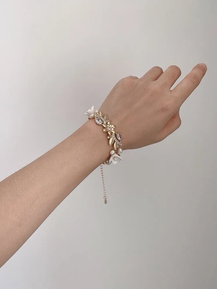 Vintage European Style Freshwater Pearl Flower Forest Bride Bracelet Sweet Wedding Accessories