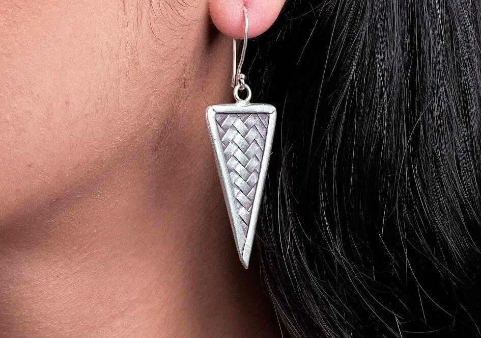 Weave triangle silver drop earrings