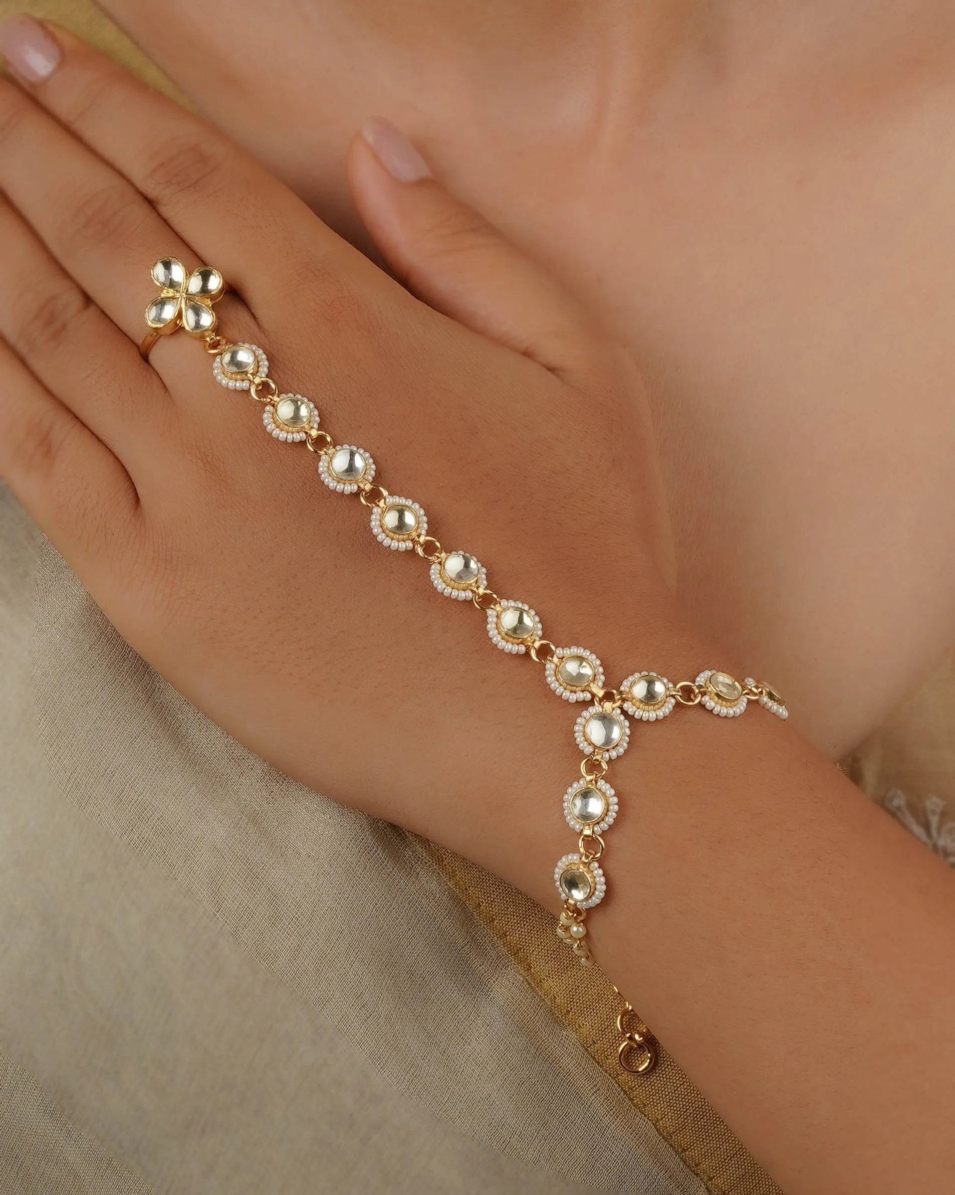 White Color Gold Plated Jadau Kundan Haathphool - MHP212Y