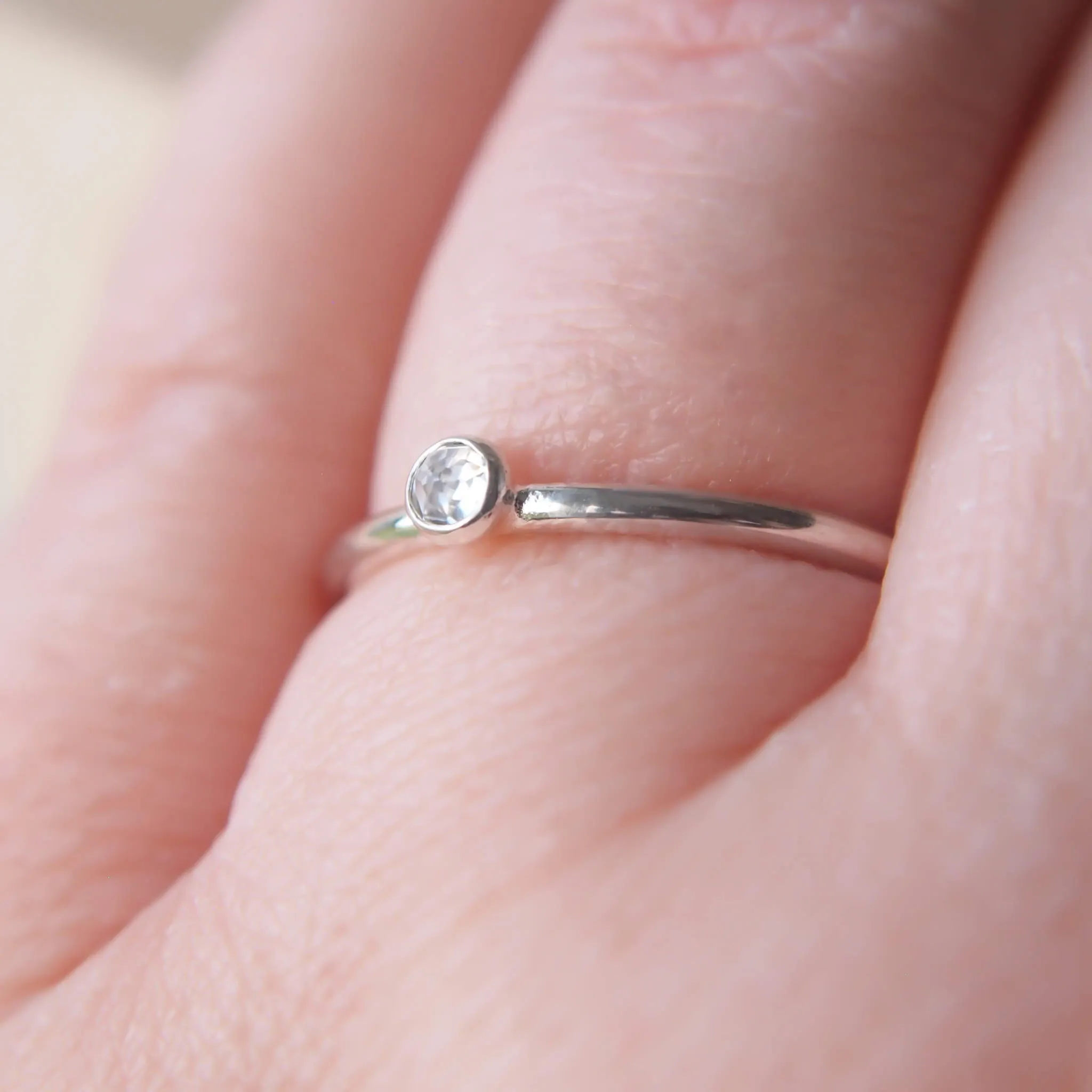 White Topaz Ring: Round Band with 3mm Stone
