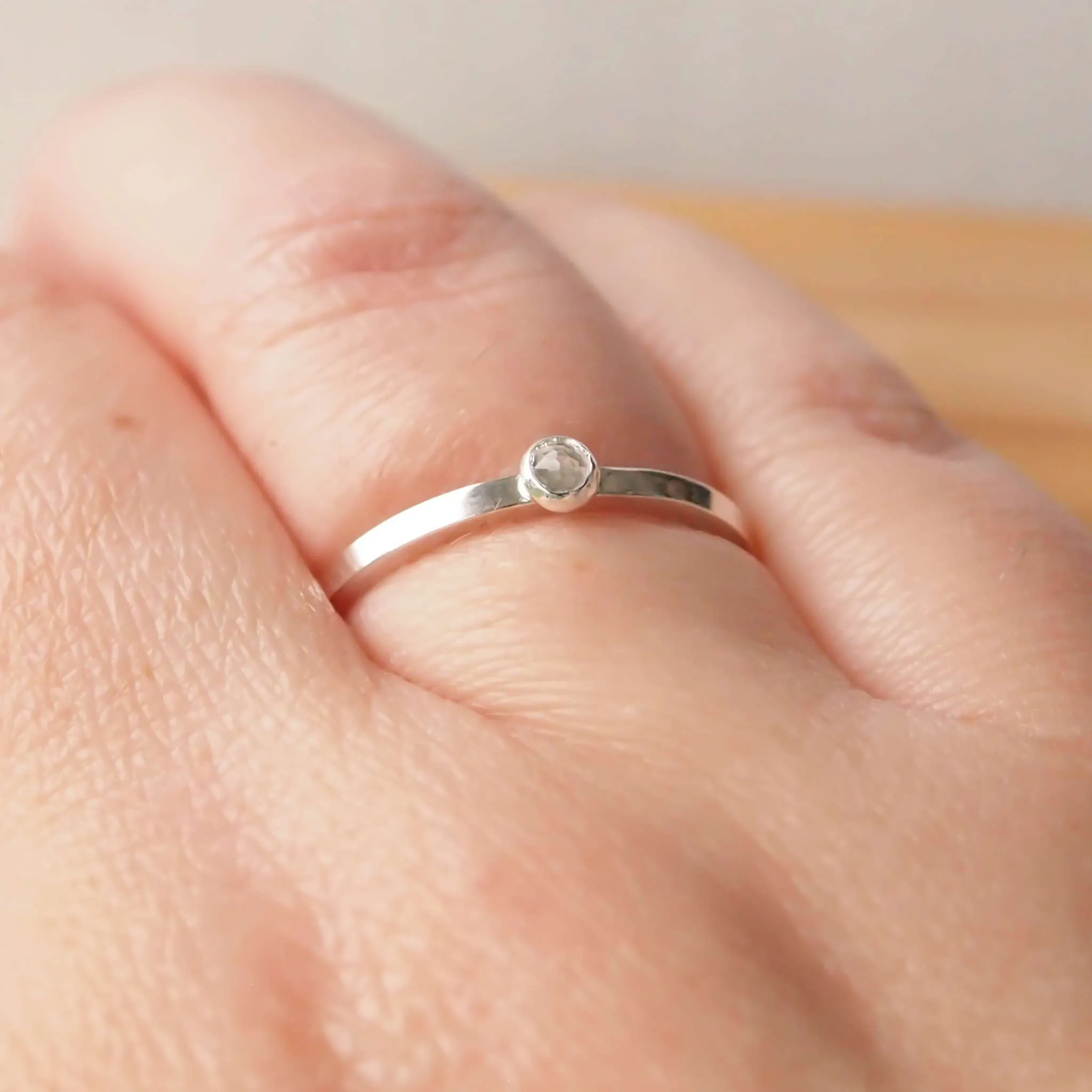 White Topaz Ring: Round Band with 3mm Stone